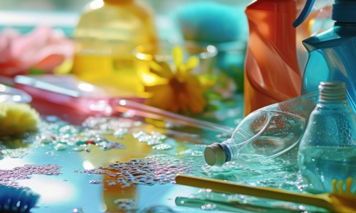 cleaning supplies and tools on a table.
