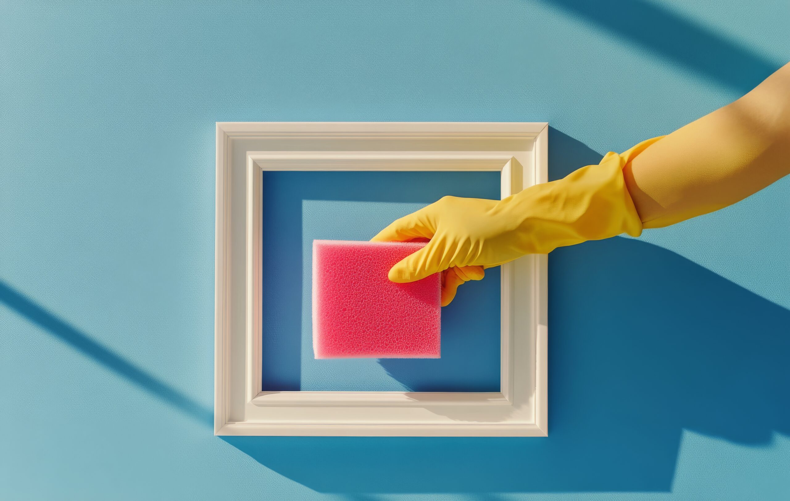 A hand wearing a yellow glove is using a pink sponge to clean a white picture frame. The vibrant blue background highlights the care taken in household cleaning activities.