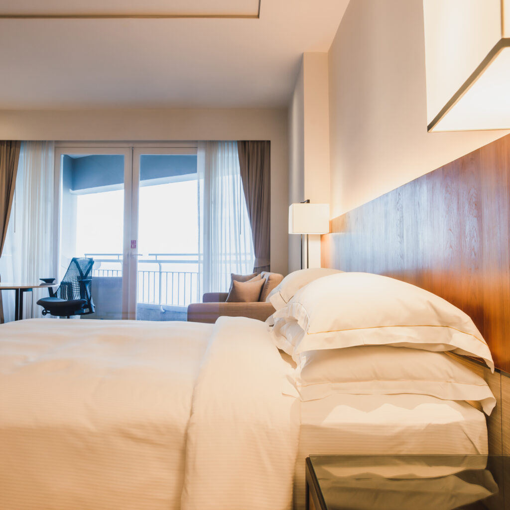 Comfort bedroom with white mattress in luxury hotel style